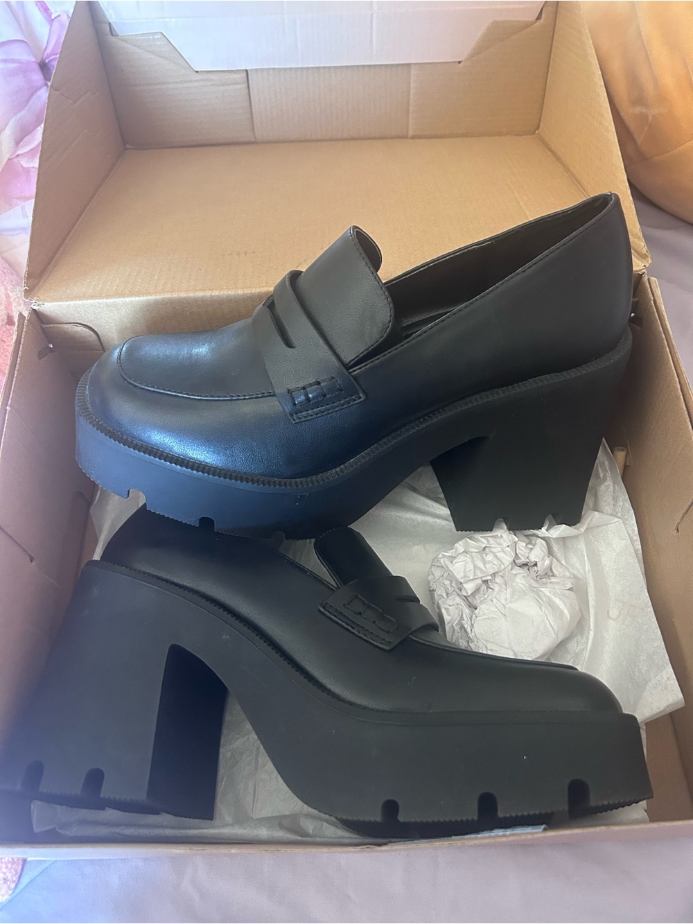 Black Caviar Platform Chunky Heel Loafers for Women